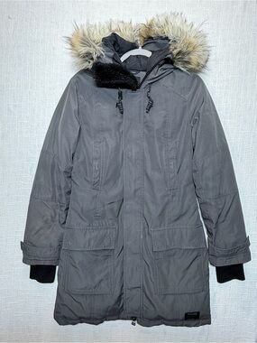 Women's Gray Hooded Parka Coat with Faux Fur Trim size medium